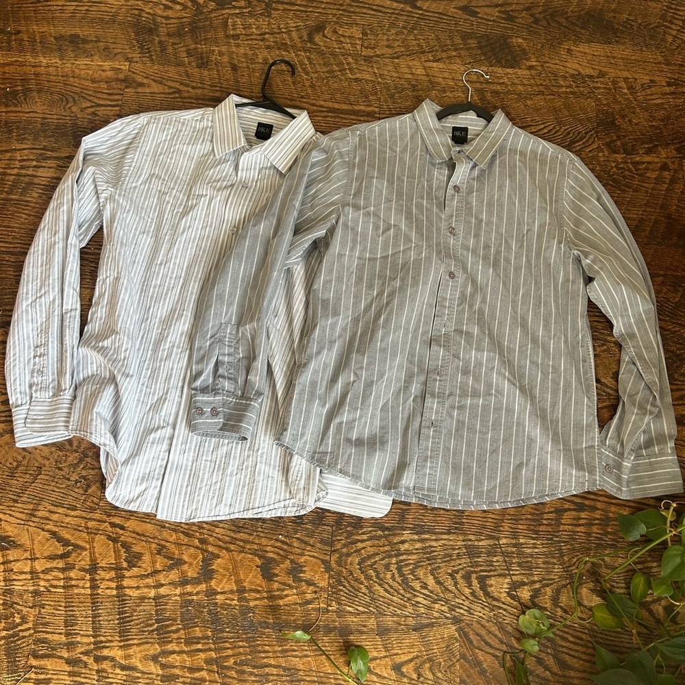 BKE Lot 2 Shirt Mens Long Sleeve White / Grey Striped Shirt Size Large